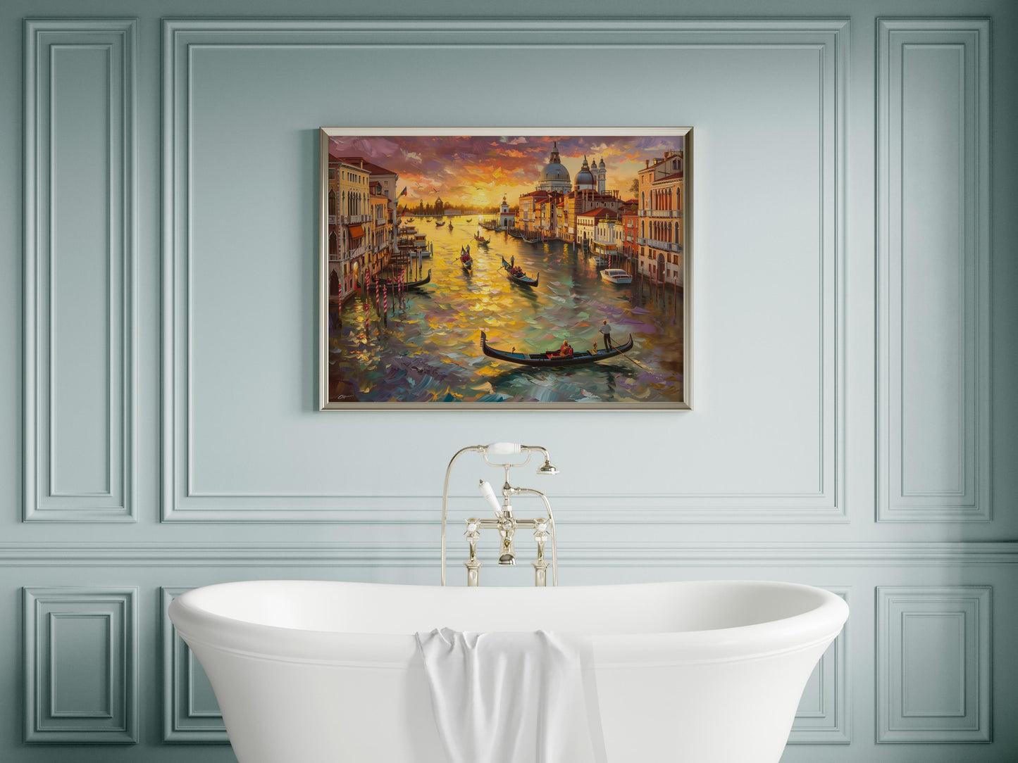 Venetian Golden Hour- Dynamic Brushstrokes, Gondolas, Realism, Historical Architecture, Urban Art