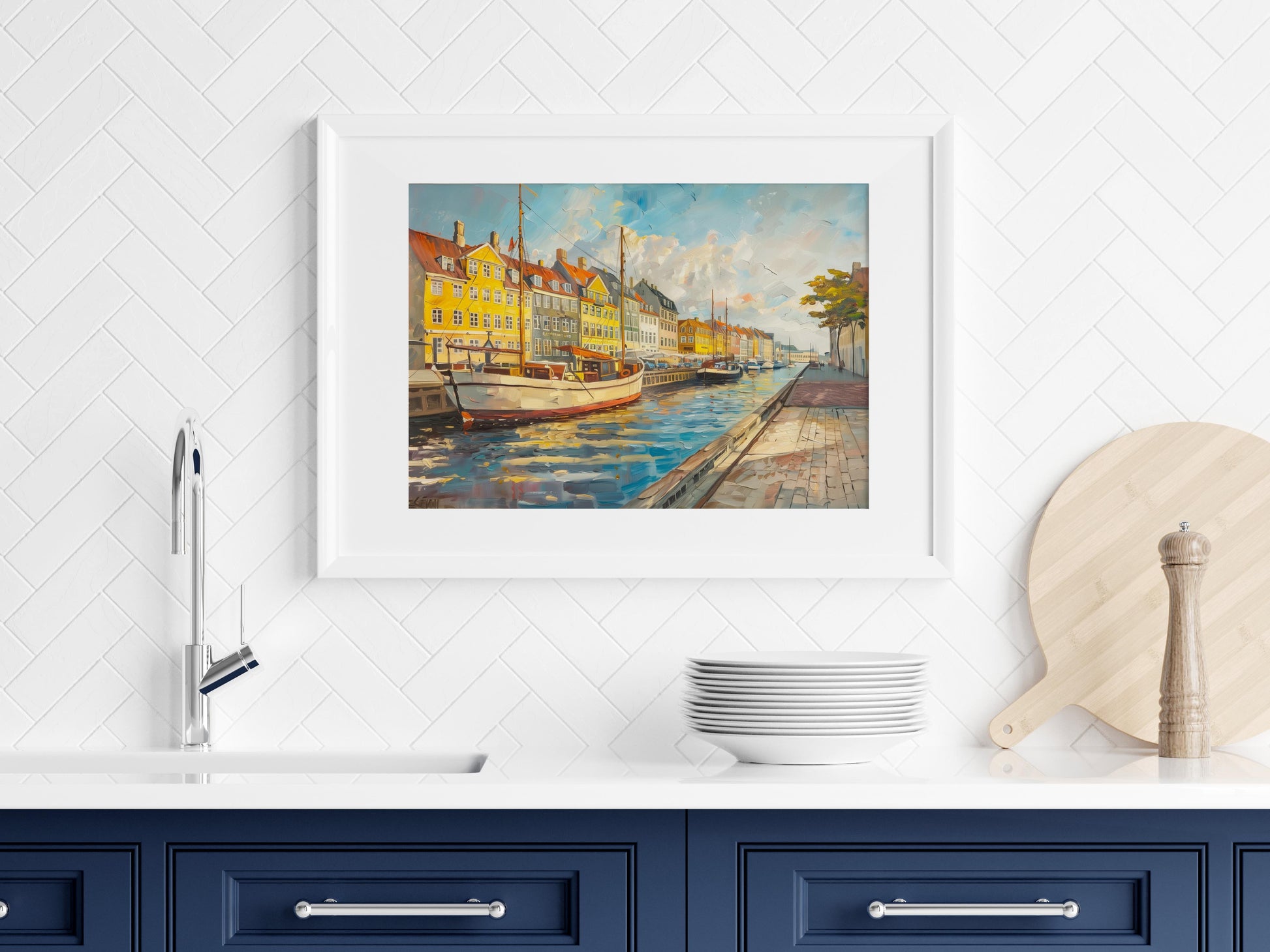 Copenhagen Coastal Charm- maritime scene, cloudy skies, city life, Conti's art, harbor charm