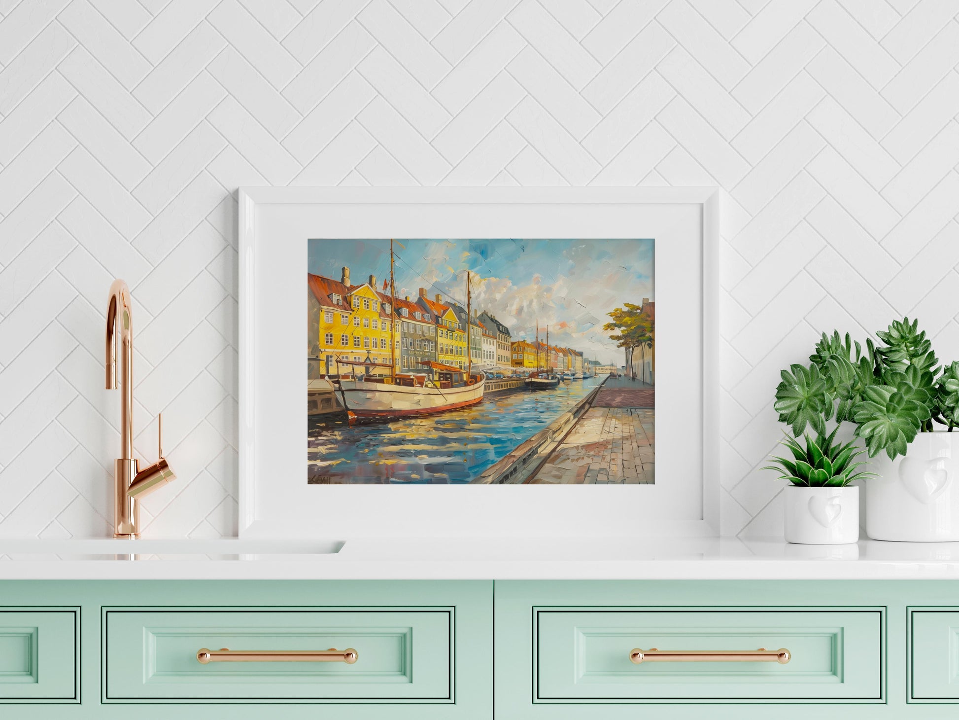 Copenhagen Coastal Charm- Denmark, sailing boats, cityscape, Conti's art, Europe