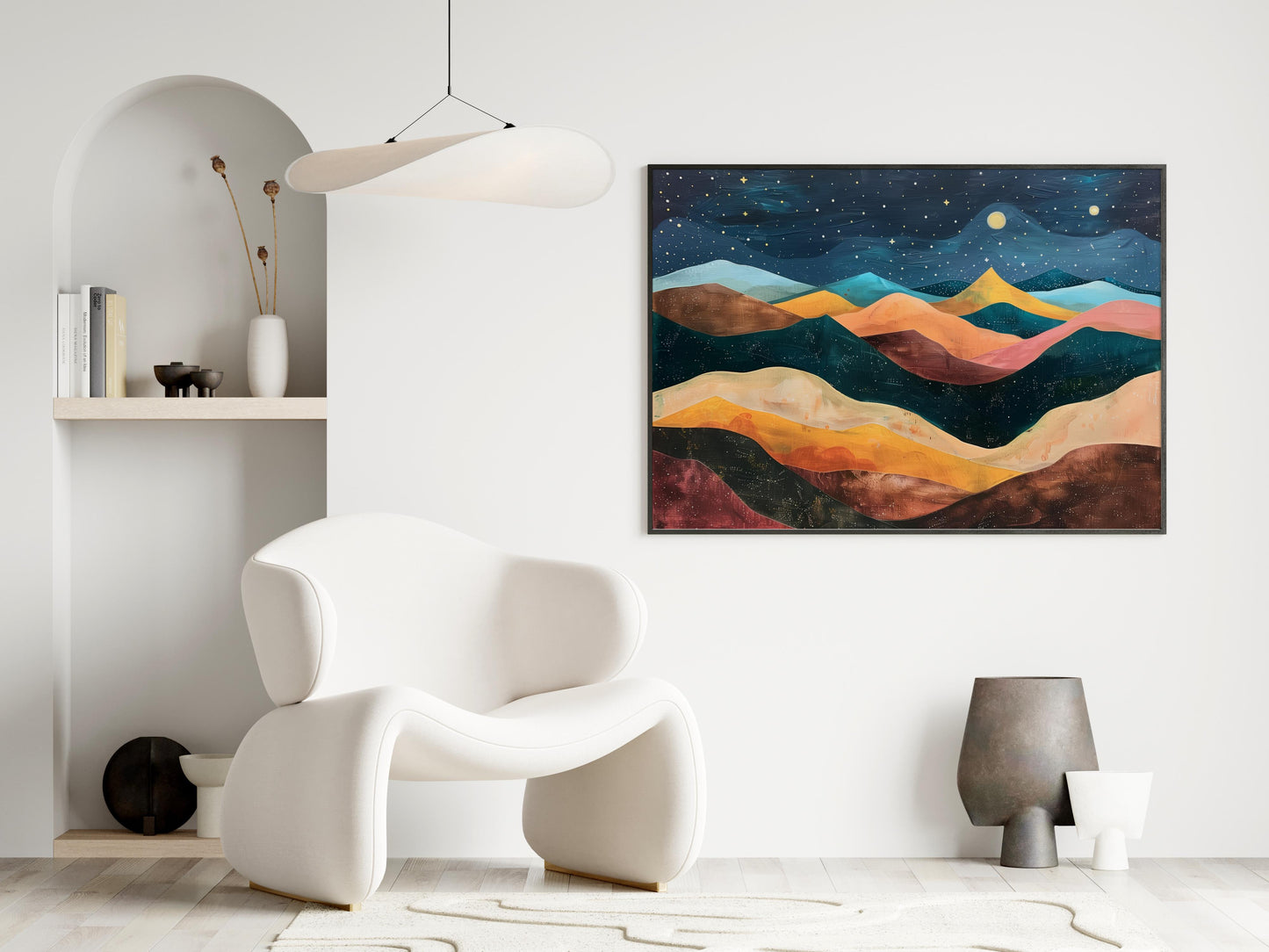 Starry Mountain Night- geometric shapes, minimalist art, starry sky, abstract mountain landscape, artistic abstraction