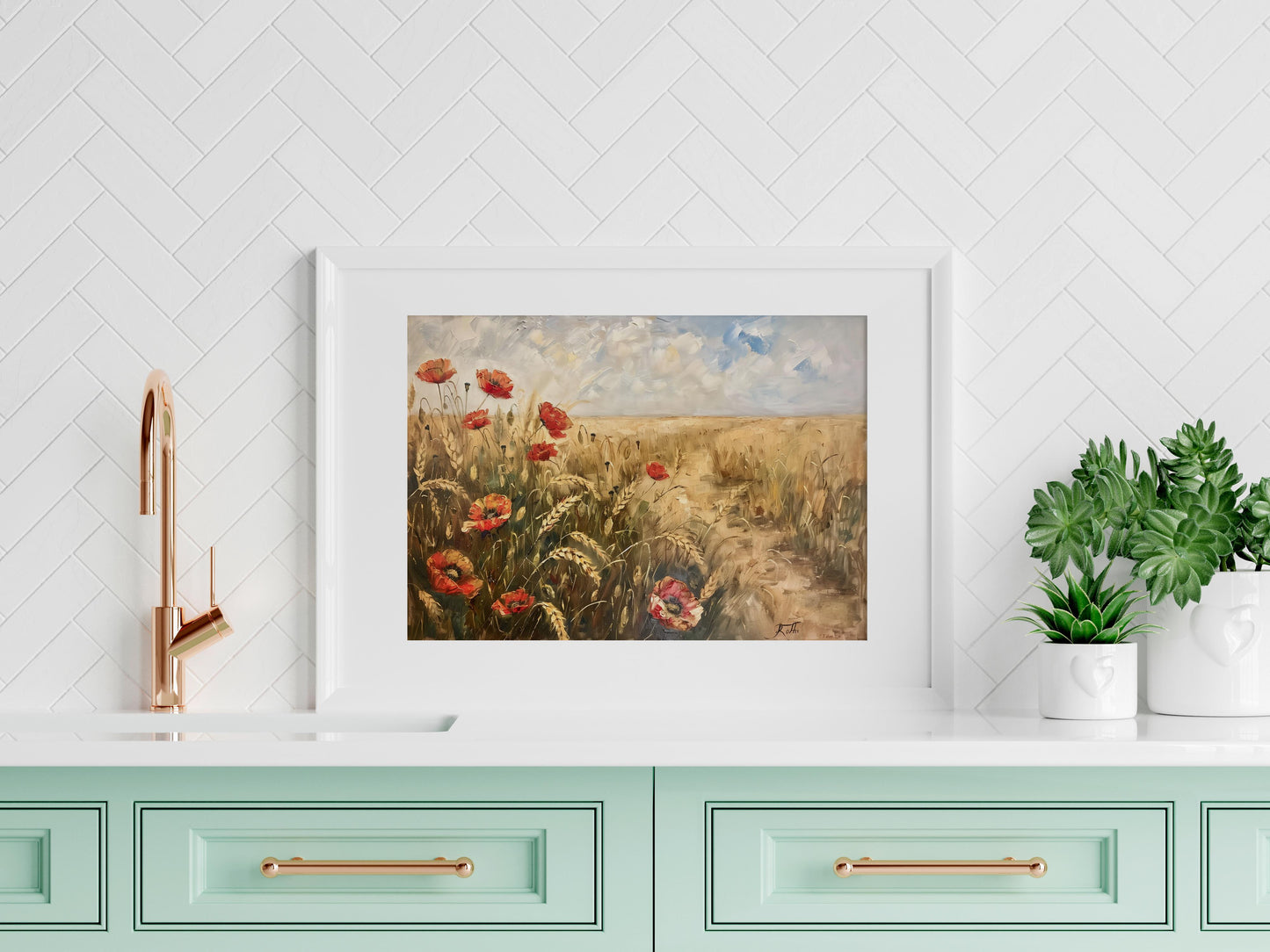 Poppy Flowers in the Wheat Field - A Touch of Modernism- earth tones, painting, collectible, tranquility, Esteban Azuela