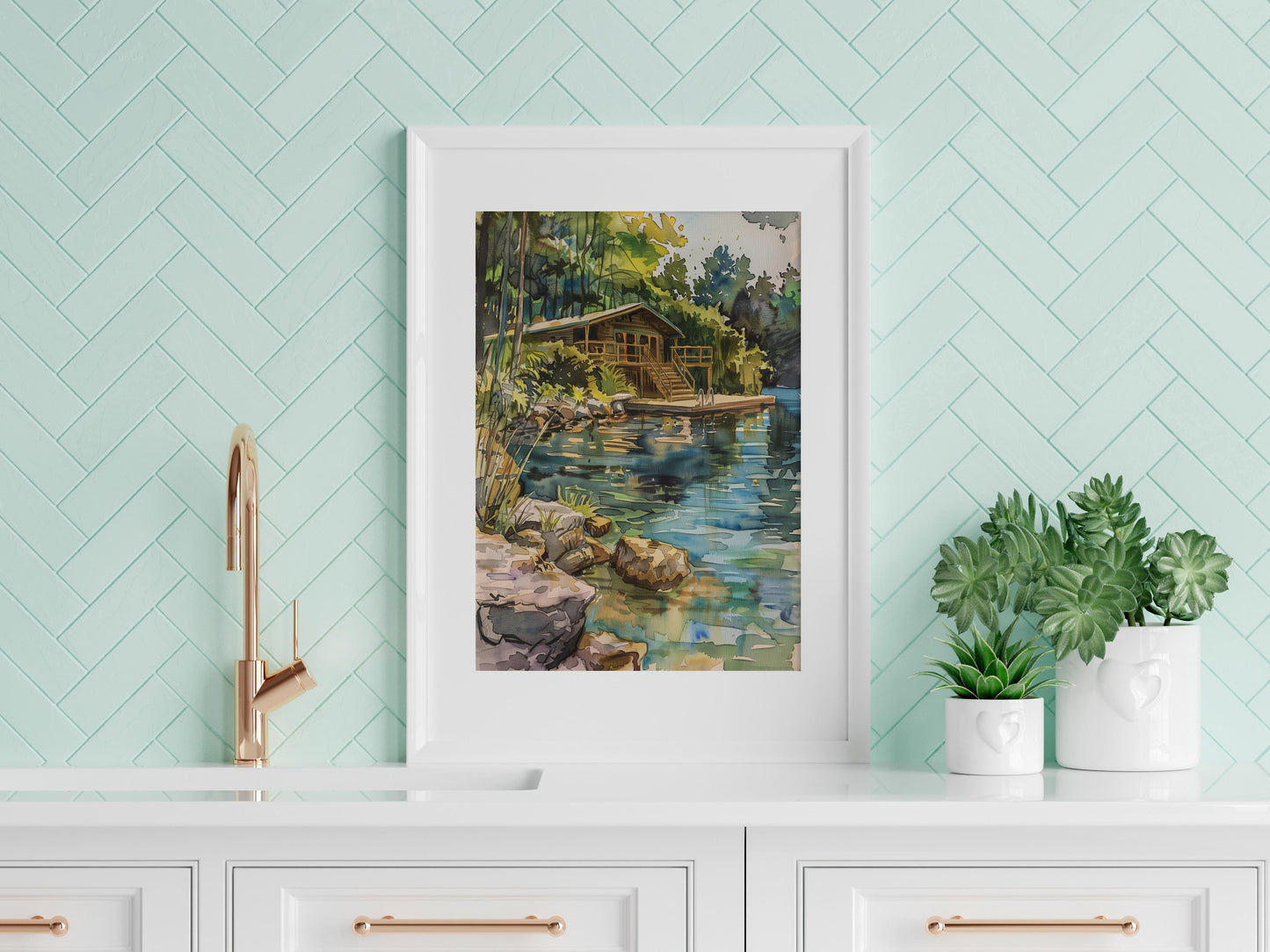 Silence by the Lakeshore- Japanese art, Lake idyll, Art lover, Watercolor, Relaxation