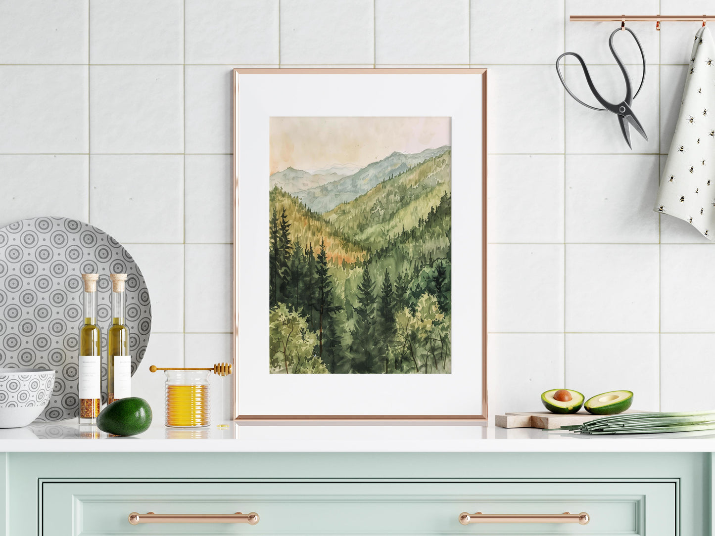 Dawn in the Mountain Forest- Kyoto, Japanese Art, Home, Play of Shadows, Watercolor