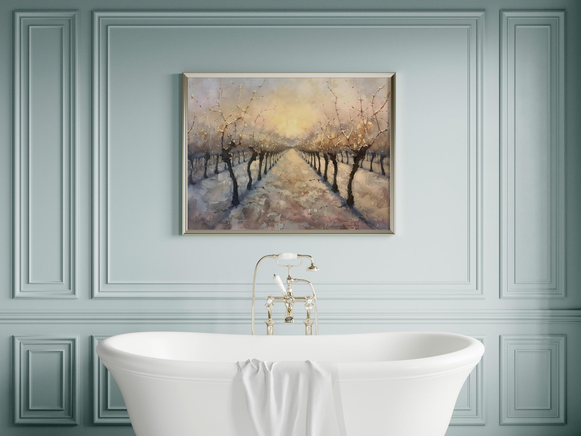 Winter Whispers in the Vineyards- Vines, Vine Rows, Realism, Wall Decoration, Frost