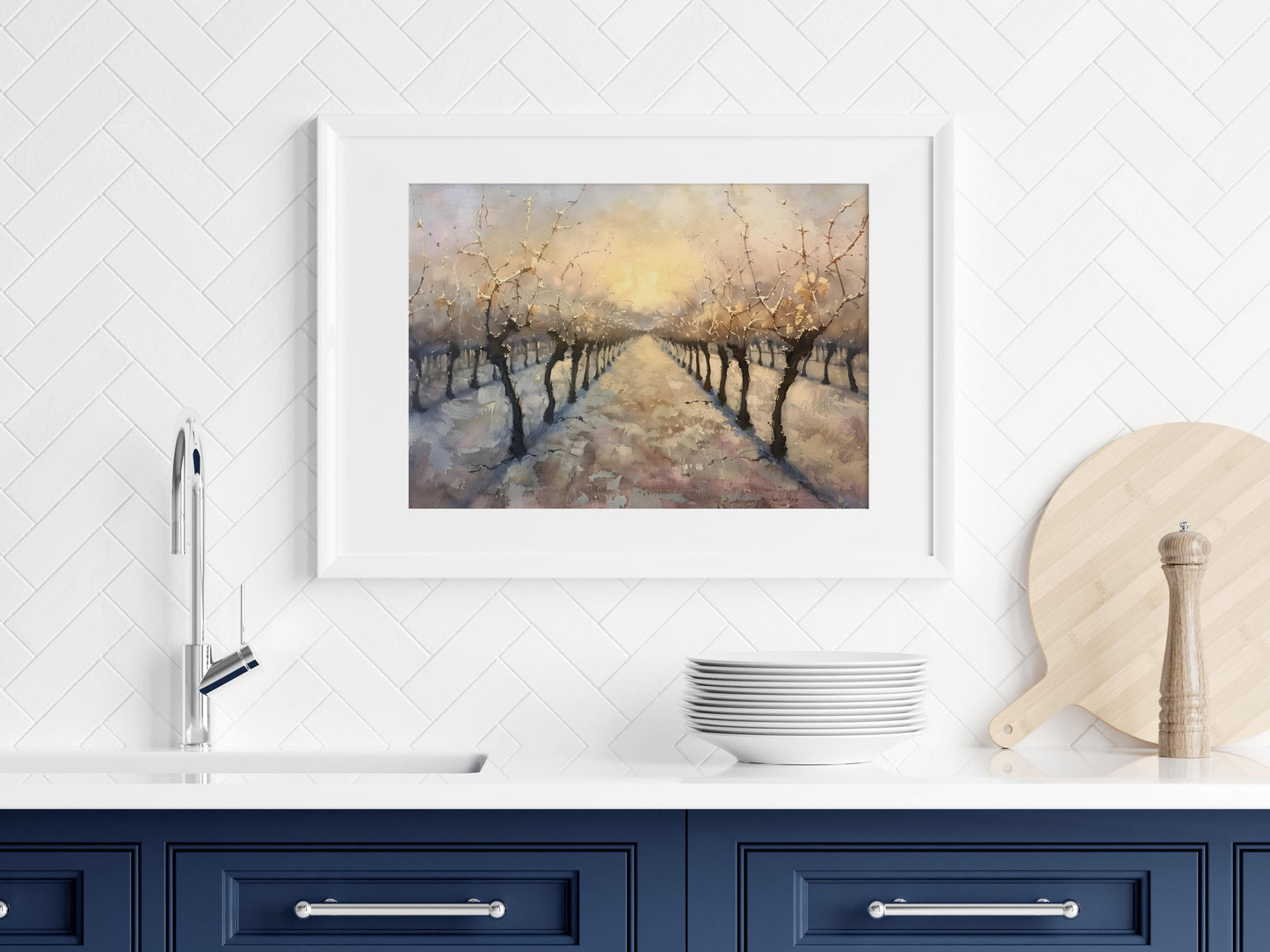 Winter Whispers in the Vineyards- Evan Tremblay, Golden Hour, Art Prints, Silence, Precision