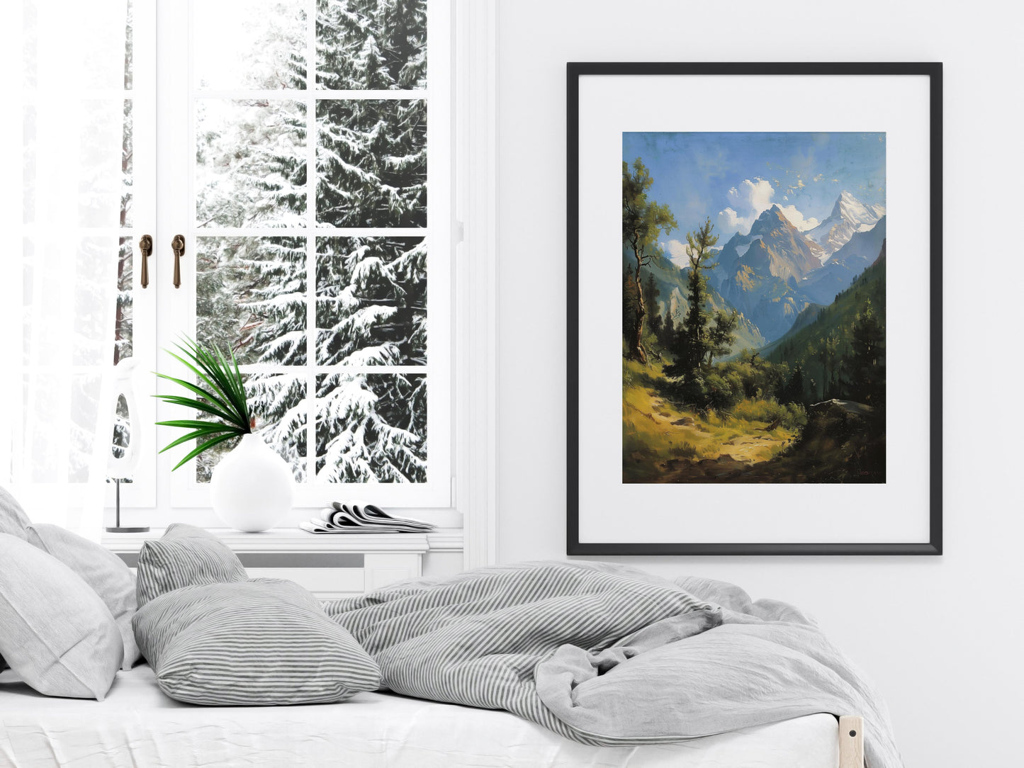 Majestic Tranquility of the Swiss Alps- Swiss Alps, snow, forest, sunlight, landscape art