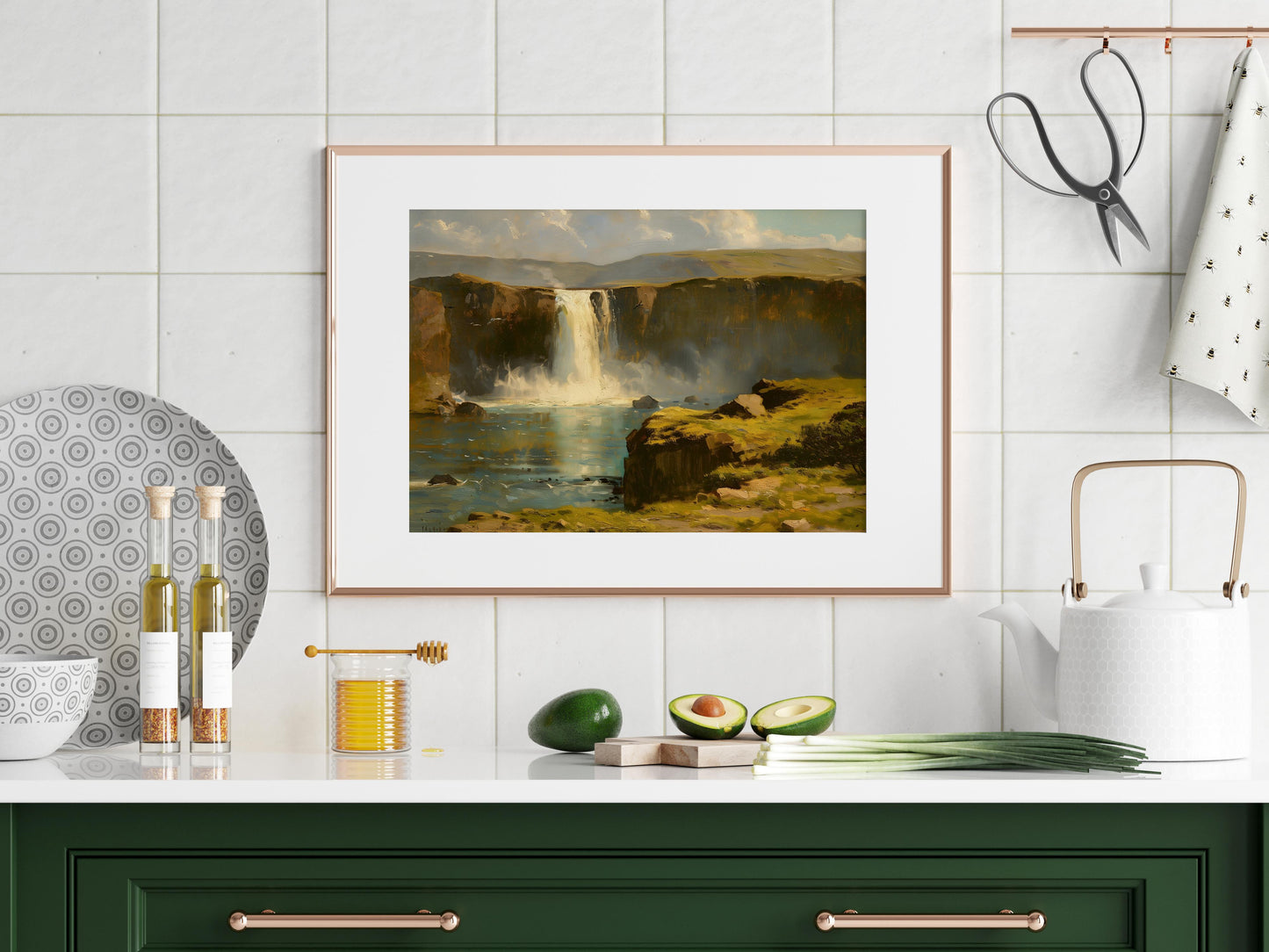 Icelandic Waterfalls: A Masterpiece by Mariana Silvers- American realism, photorealism, meadows, cliffs, waterfall