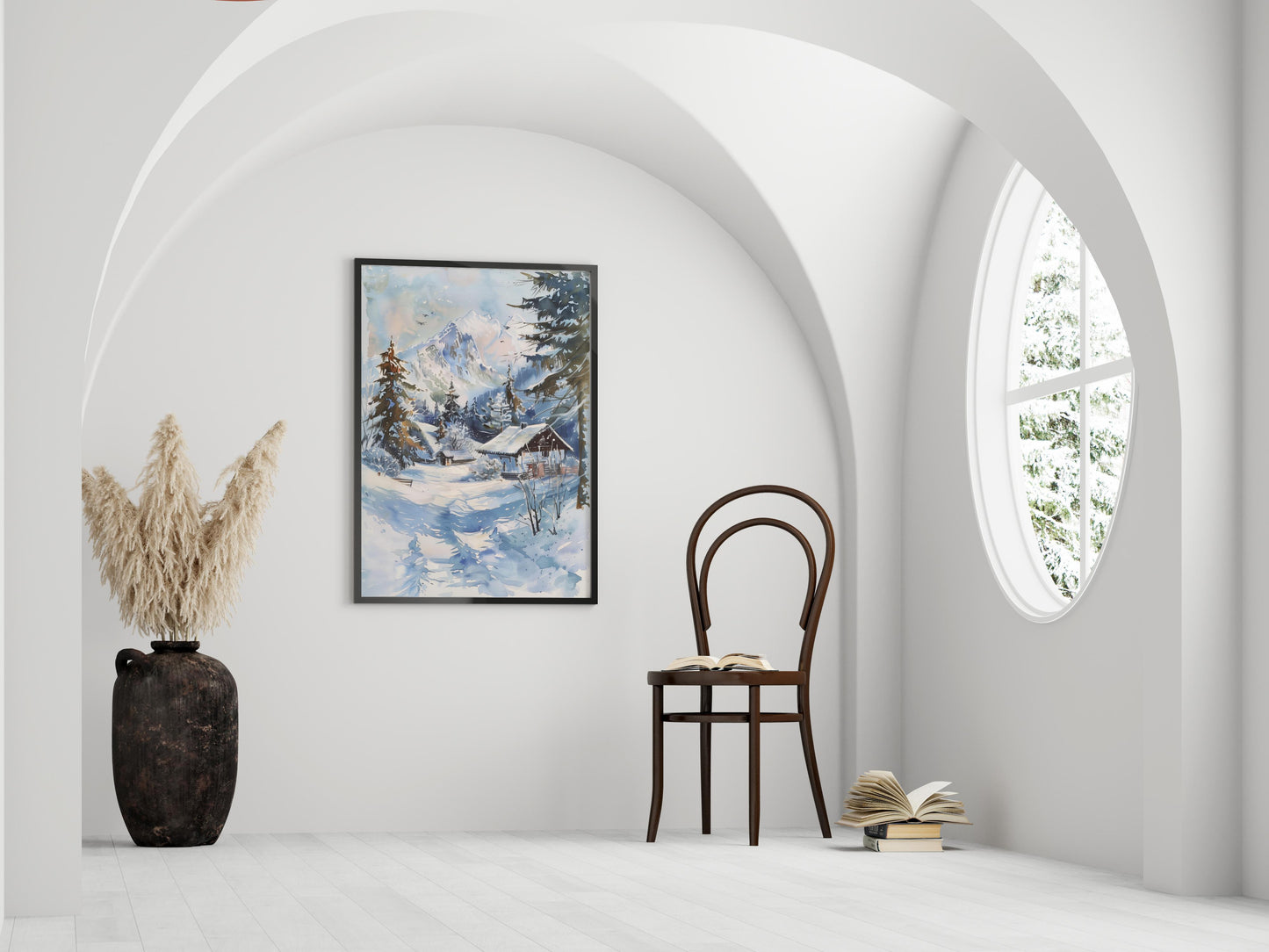 Alpine Winterpracht- collectible, watercolor, Akiro Tanaka, wall decoration, wooden cabin