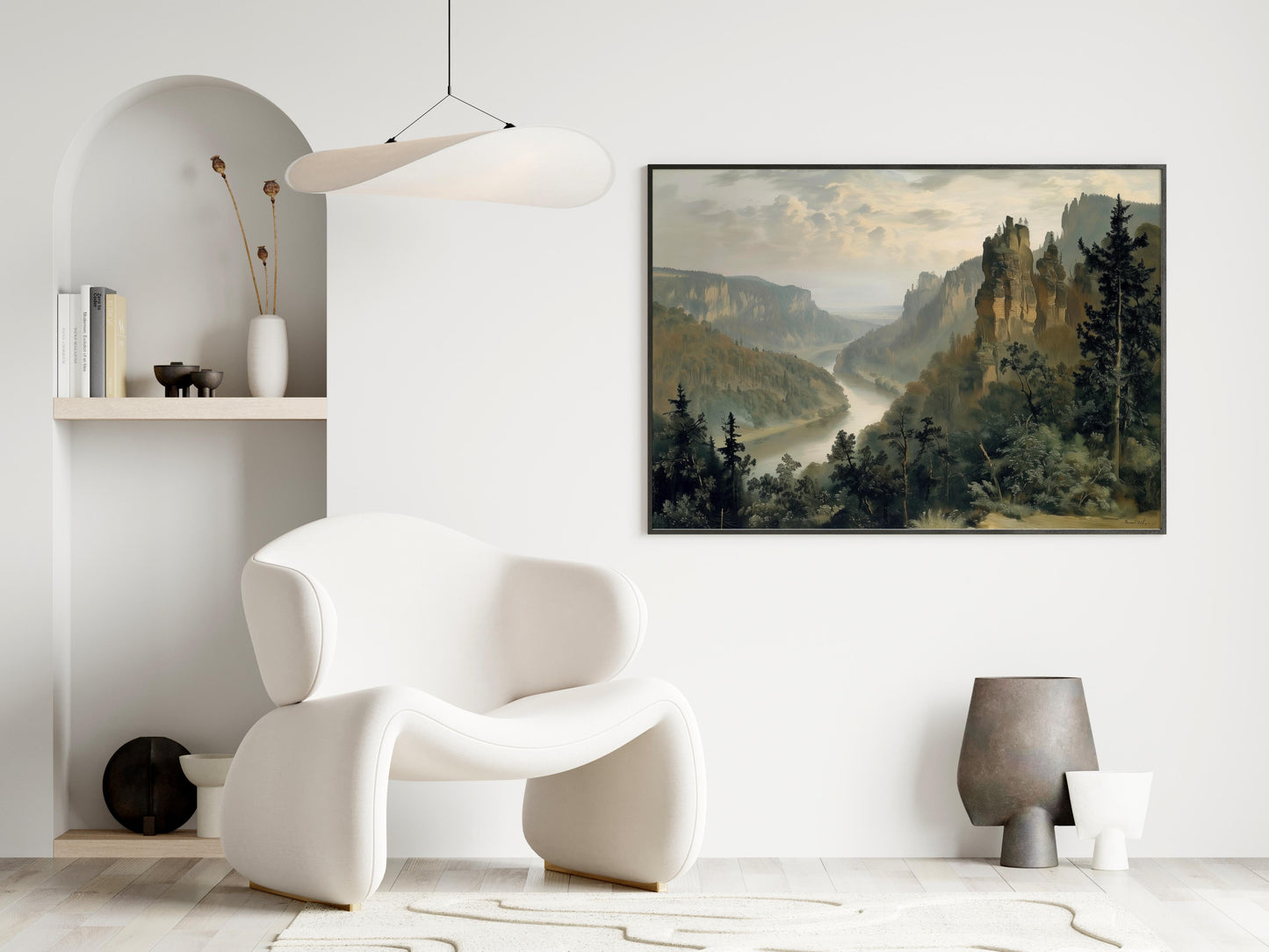 Morgendämmerung im Elbtal- art print, dawn, dense forests, misty peaks, Evan Tremblay