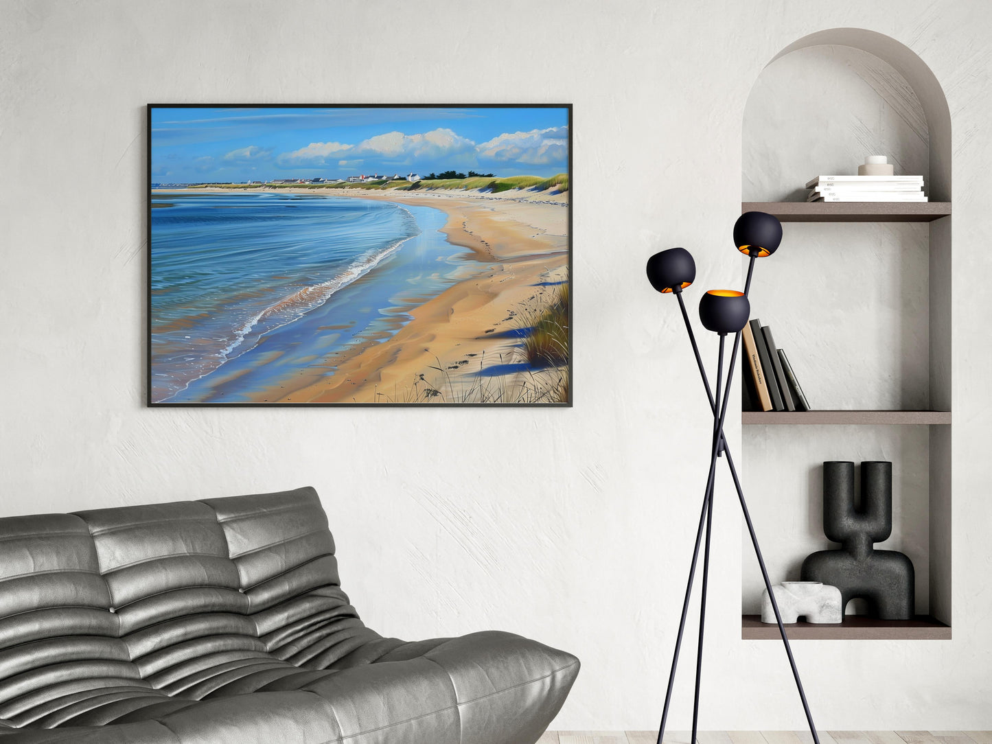 Whispering Waves on the Shore- Evan Tremblay, sand dunes, beach, clear waters, fishing village