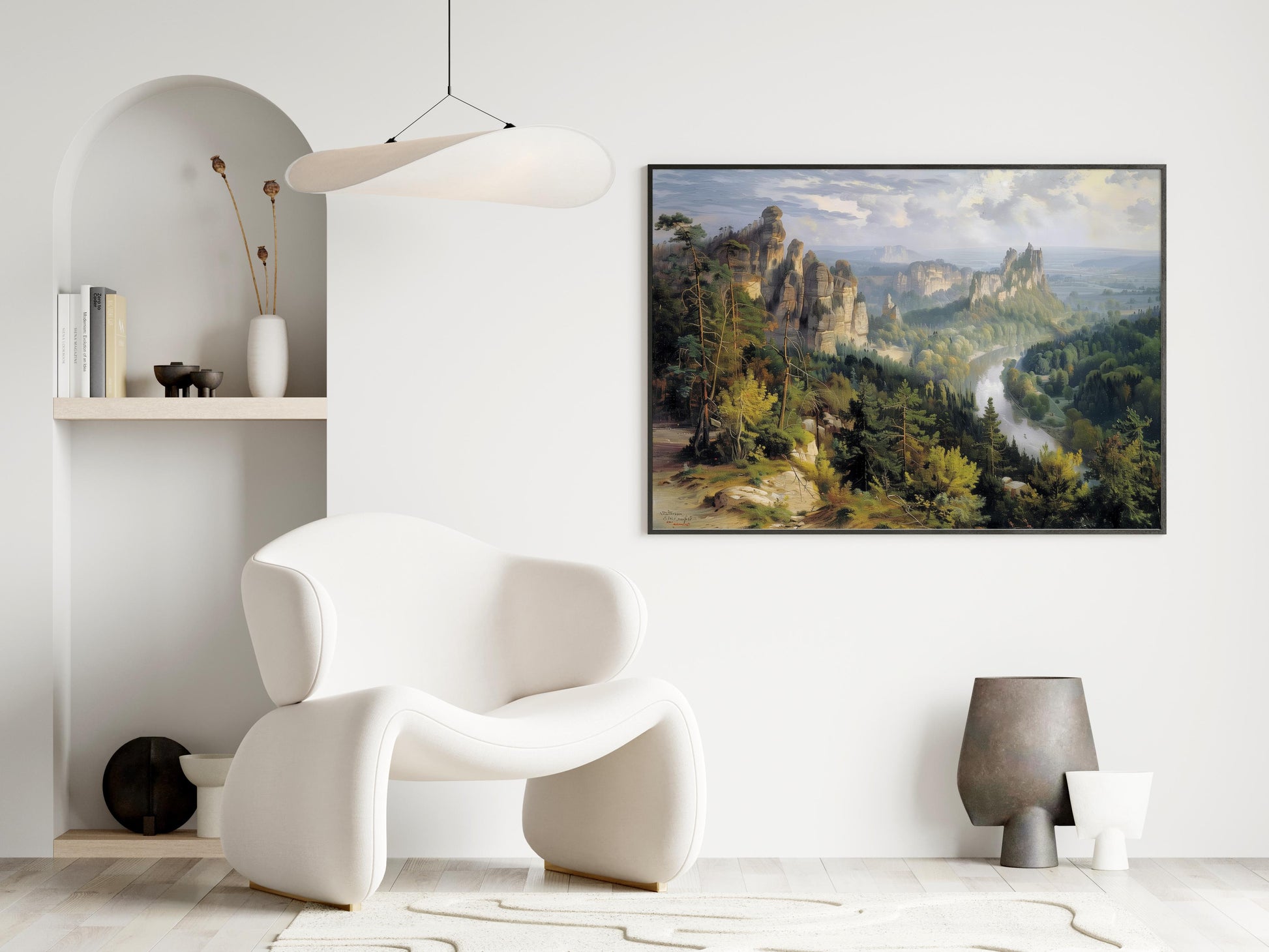 Majestic Silence- timeless tranquility, dramatic landscape, nature painting, sandstone cliffs, Elbe