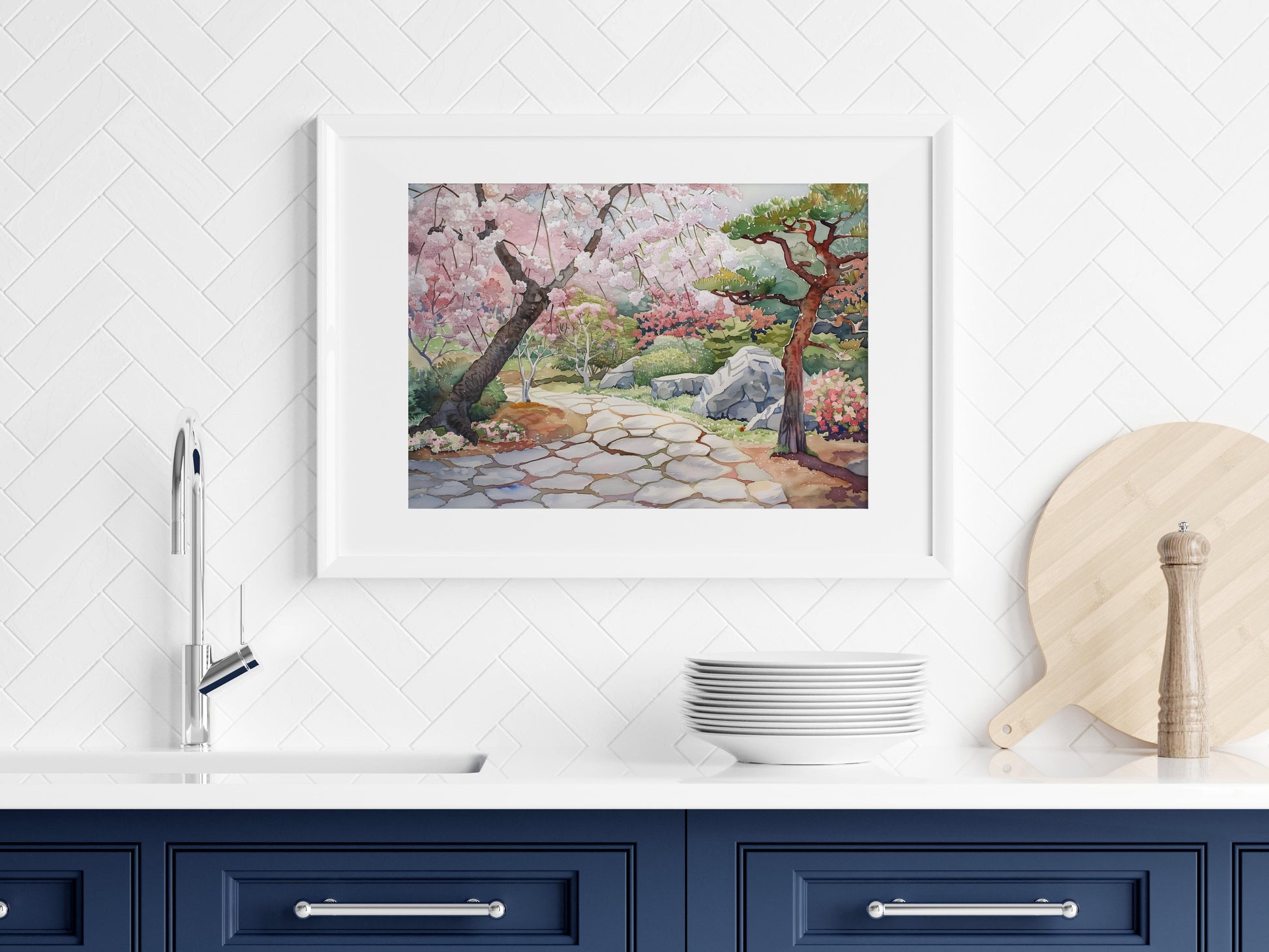 Frühlingserwachen im Sakura-Garten- Kiefern, Aquarell, Sakura, Kunstliebhaber, Detailreichtum