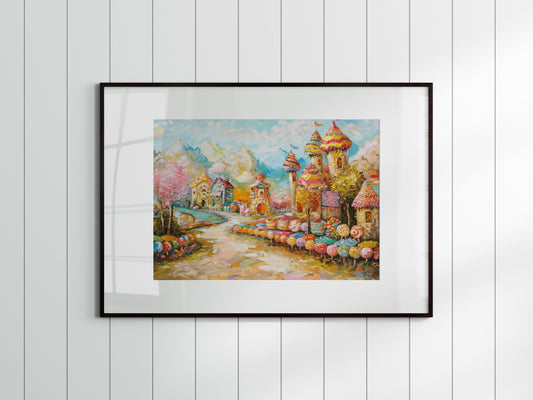 Bonbontraumlandschaft- candy landscape, vibrancy, child-friendly artwork, Italian artist, creative art