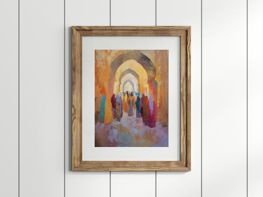 Whispers of the Souk- Geometric Abstraction, Market Scenes, Warm Color Spectrum, Moroccan Art, Modern Art