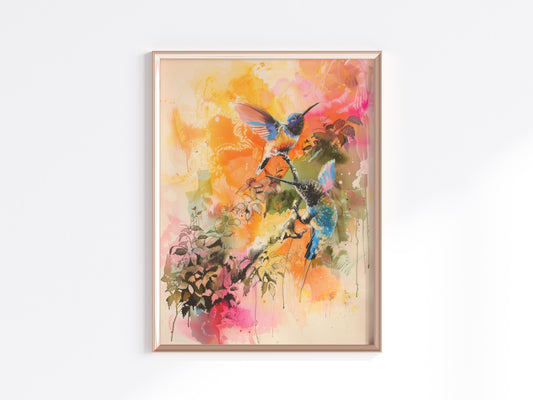 Flügel des Morgens- hummingbirds, nature portrayal, color explosion, flowering branches, artistic dynamism