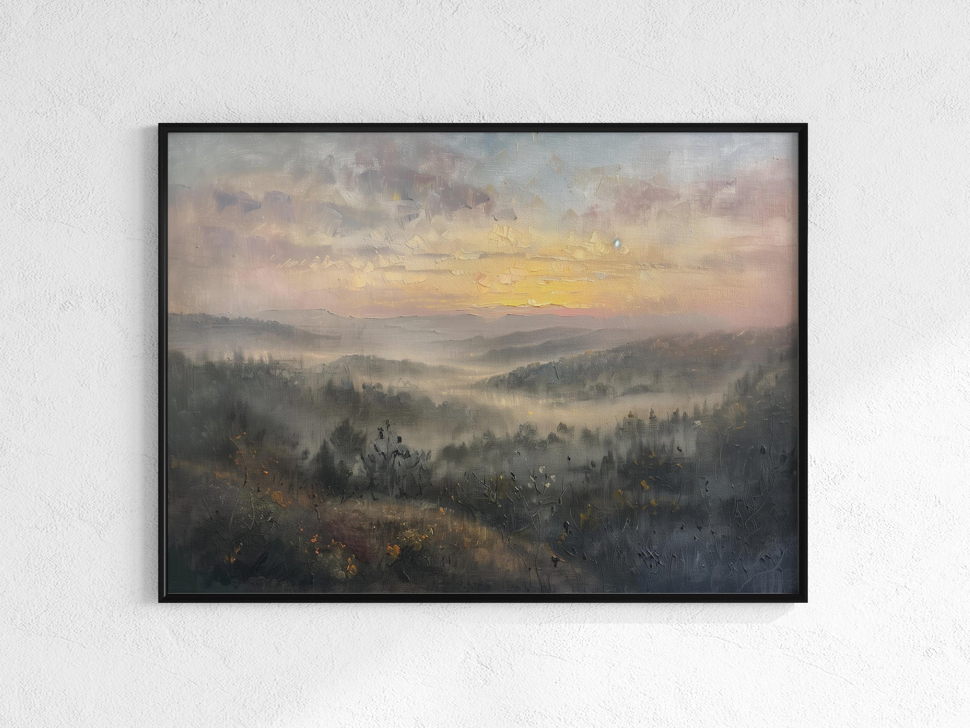 Dawn Over Misty Hills- Art Collection, Scandinavia, Landscape Painting, Atmosphere, Northern Light