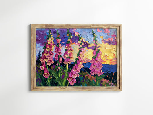 Blooming Twilight by Emery C. Wharton- post-impressionism, palette knife technique, landscape painting, expressive art, foxglove flowers