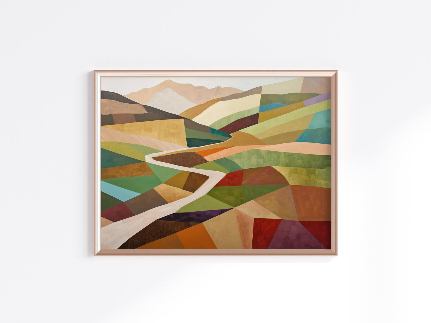 Spring Awakening by the Geometric Stream- modern interpretation, cubistic, scenic, Spanish art, Alejandra Navarro