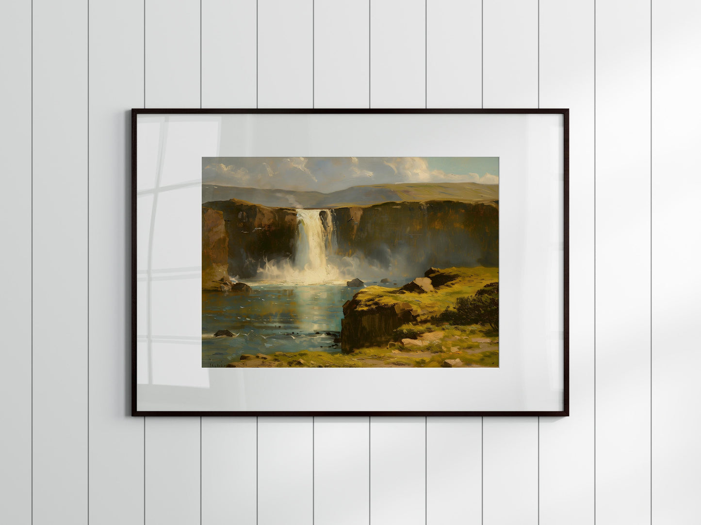 Icelandic Waterfalls: A Masterpiece by Mariana Silvers- American realism, cliffs, waterfall, meadows, nature art