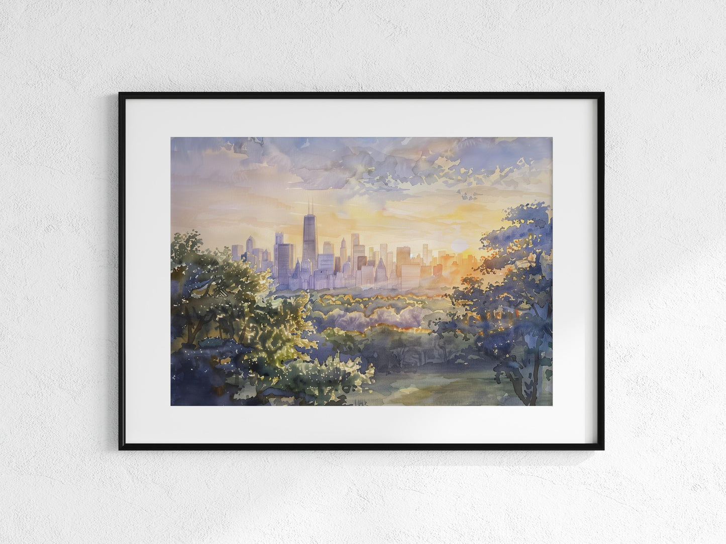 Dawn Over the Metropolis- city landscape, Kyoto influence, cosmic sheen, watercolor technique, mystical magic