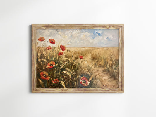 Poppy Flowers in the Wheat Field - A Touch of Modernism- poppy flowers, nature, red accents, earth tones, tranquility