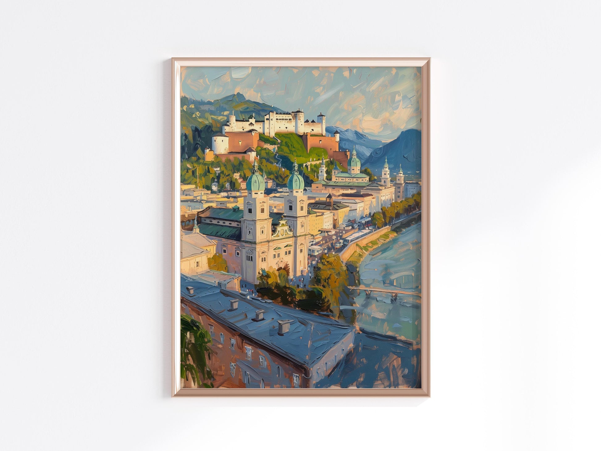 Majestic Salzburg: An Impressionistic Portrait- impressionistic painting, modern influences, greens and blues, Austria, Salzburg