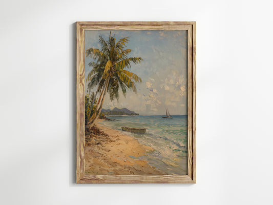 Dawn at the Hidden Beach- Coastal landscape, Lonely beaches, Sailing boat, Marine piece, Palms